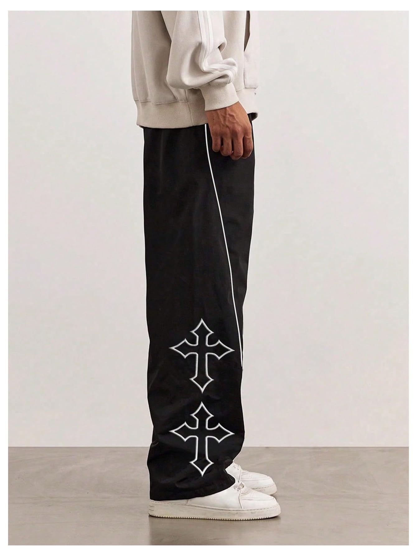 VIPWOLF Men's Cross Graphic Track Pants Y2k Drawstring Waist Stacked Joggers with Pocket Black Medium