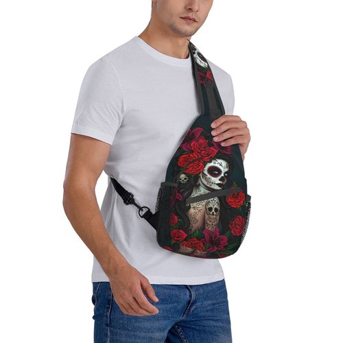 KMIVQGE Sugar Skull Rose Crossbody Backpack for Travel Hiking Chest Daypack Shoulder Sling Bag for Men Women Cycling Walking