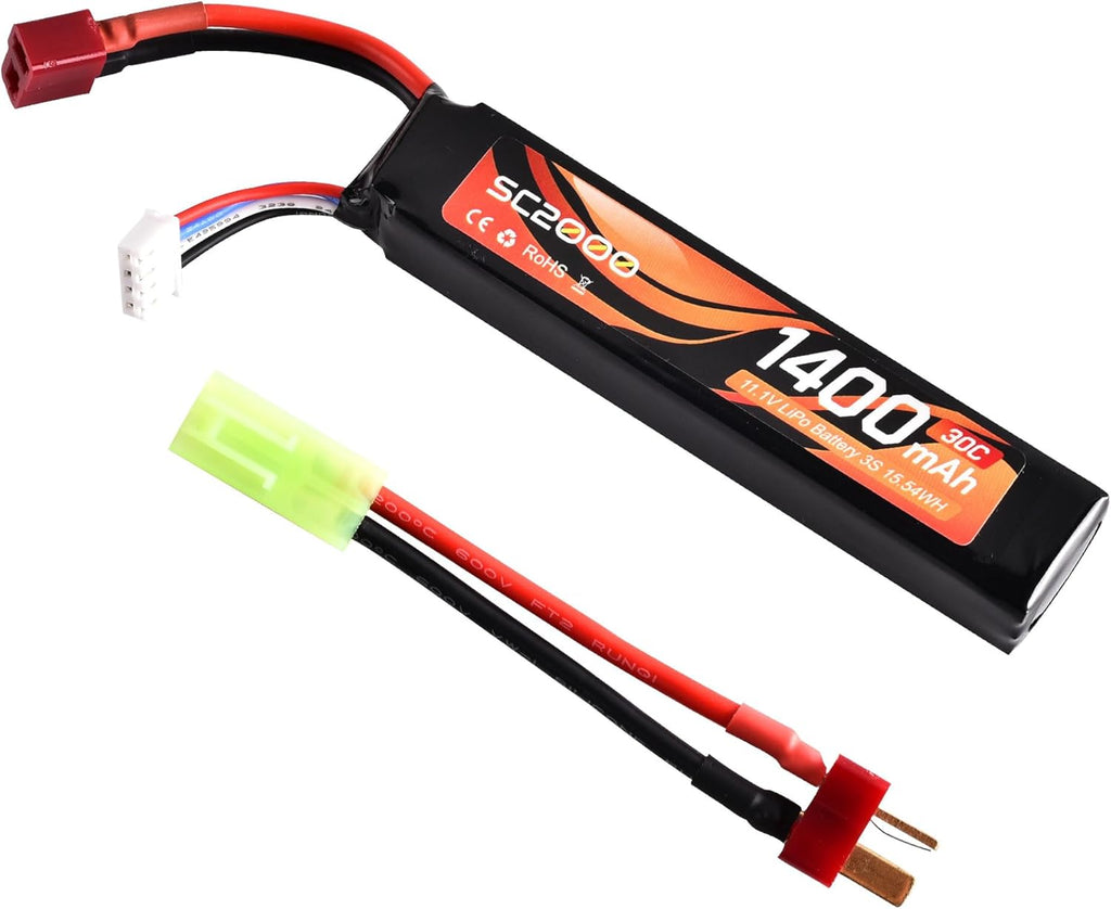 RunCam 11.1V LiPo Battery - Rechargeable 1400mAh 30C Stick Battery with T Plug & Mini Tamiya Cable for Airsoft Guns