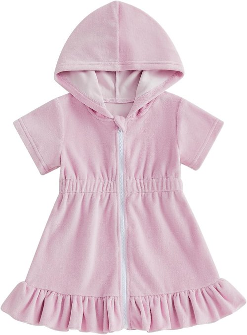 Multitrust Toddler Girls Terry Swim Cover-Up - Ruffled Hooded Bathing Suit | Zip-Up, Elastic Waist