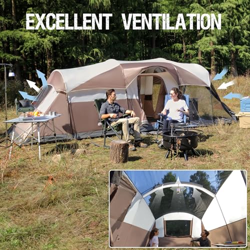 Brown Portal 8-Person Family Camping Tent with Screen Room, Water-Resistant