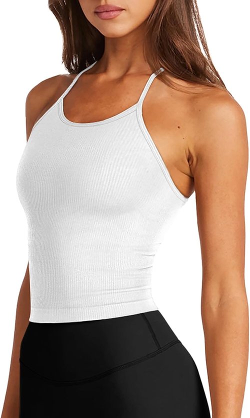 LASLULU Women's Sports Bra - Seamless Long Crop Tank with Padded Halter Neck | Ideal for Yoga & Workouts