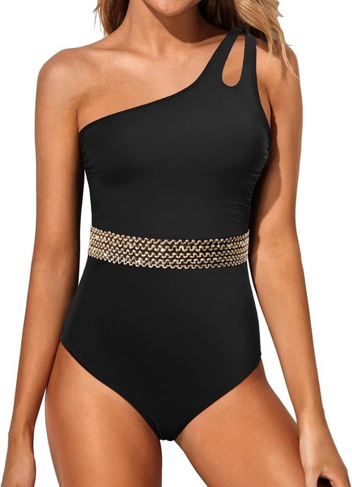 Holipick One Shoulder One Piece Swimsuit - Tummy Control Modest Bathing Suit for Women | Full Coverage Keyhole Design
