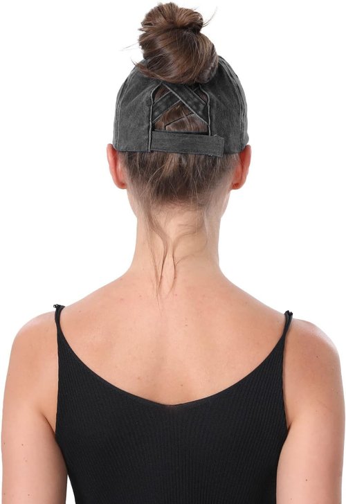 2 Packs Distressed Ponytail Hat for Women Criss Cross Hat Baseball Cap Pony Tail Caps High Bun