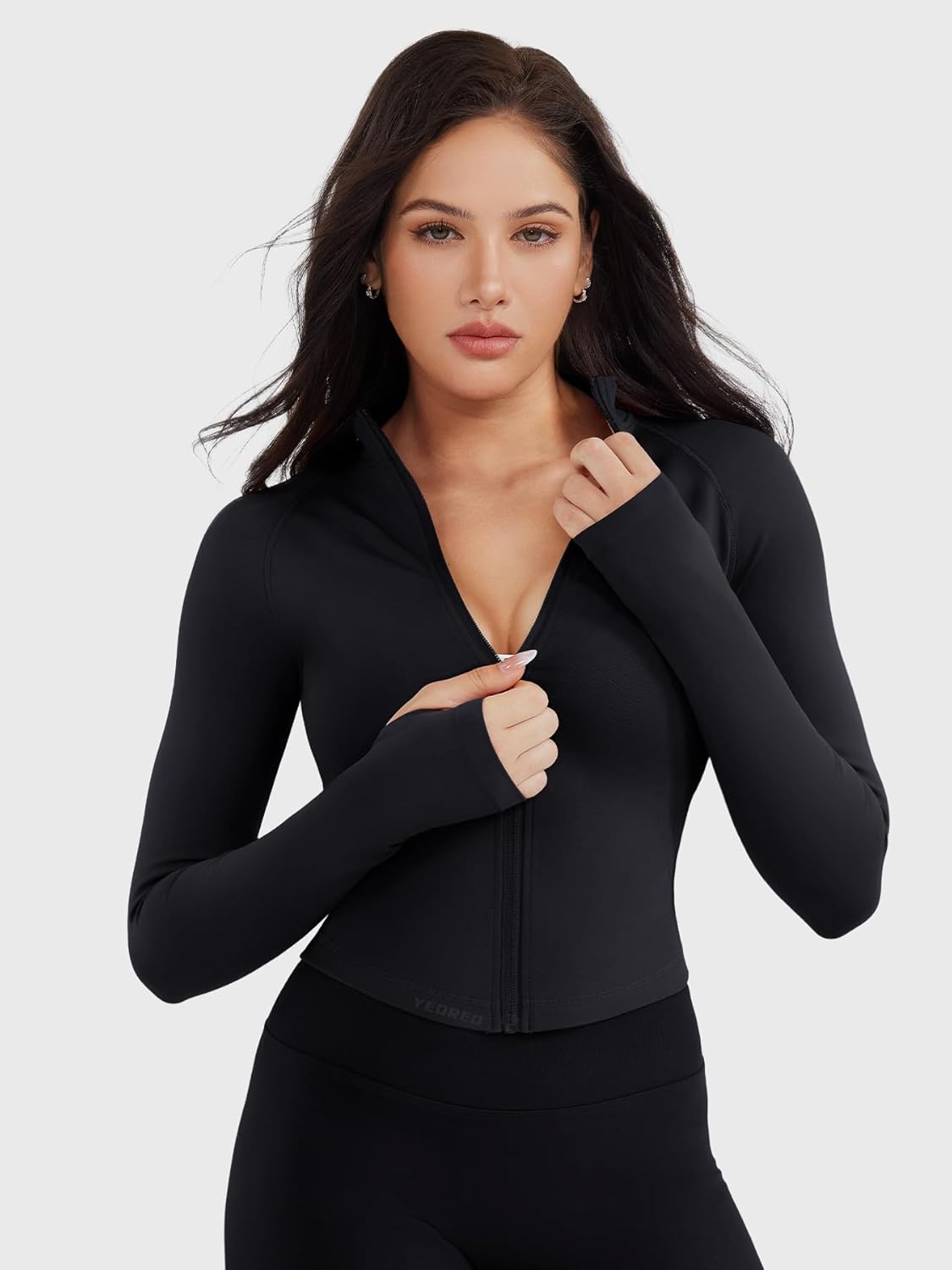 YEOREO SoftHue Women's Athletic Jacket - Cropped Long Sleeve Zip-Up Workout Top with Thumb Holes