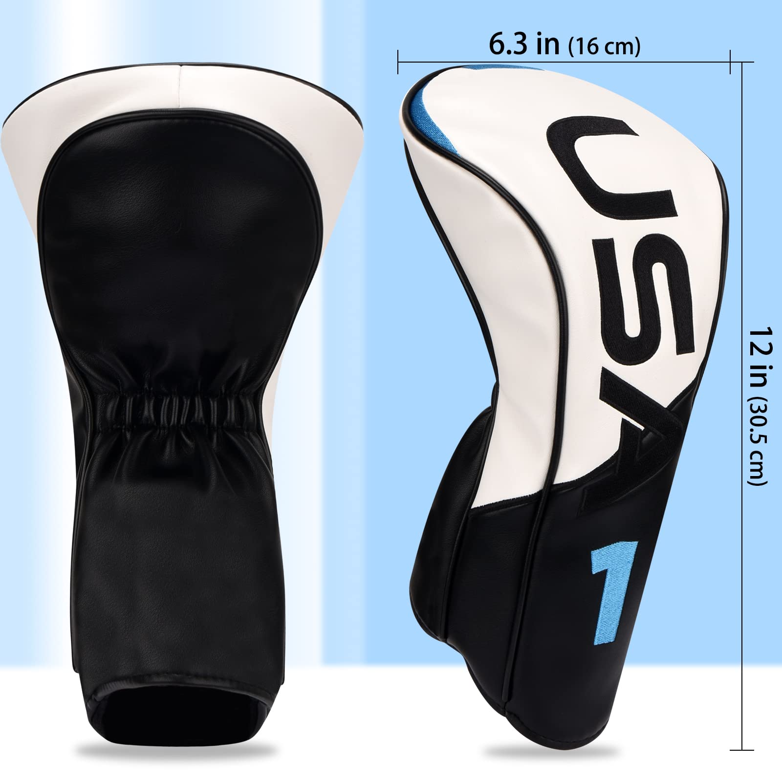 USA Golf Head Covers for Woods and Driver 3-Panel Syntheic Leather Golf Club Covers for Men Women White/Black/Blue (Driver Headcover)