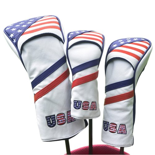 US Flag Golf Headcovers Set for Driver, Fairway Woods and Hybrids | 3pcs Golf Club Covers - Golf Driver Headcover, Fairway Wood Cover, Hybrid Cover fits for Taylormade, Ping, Adams All Brand