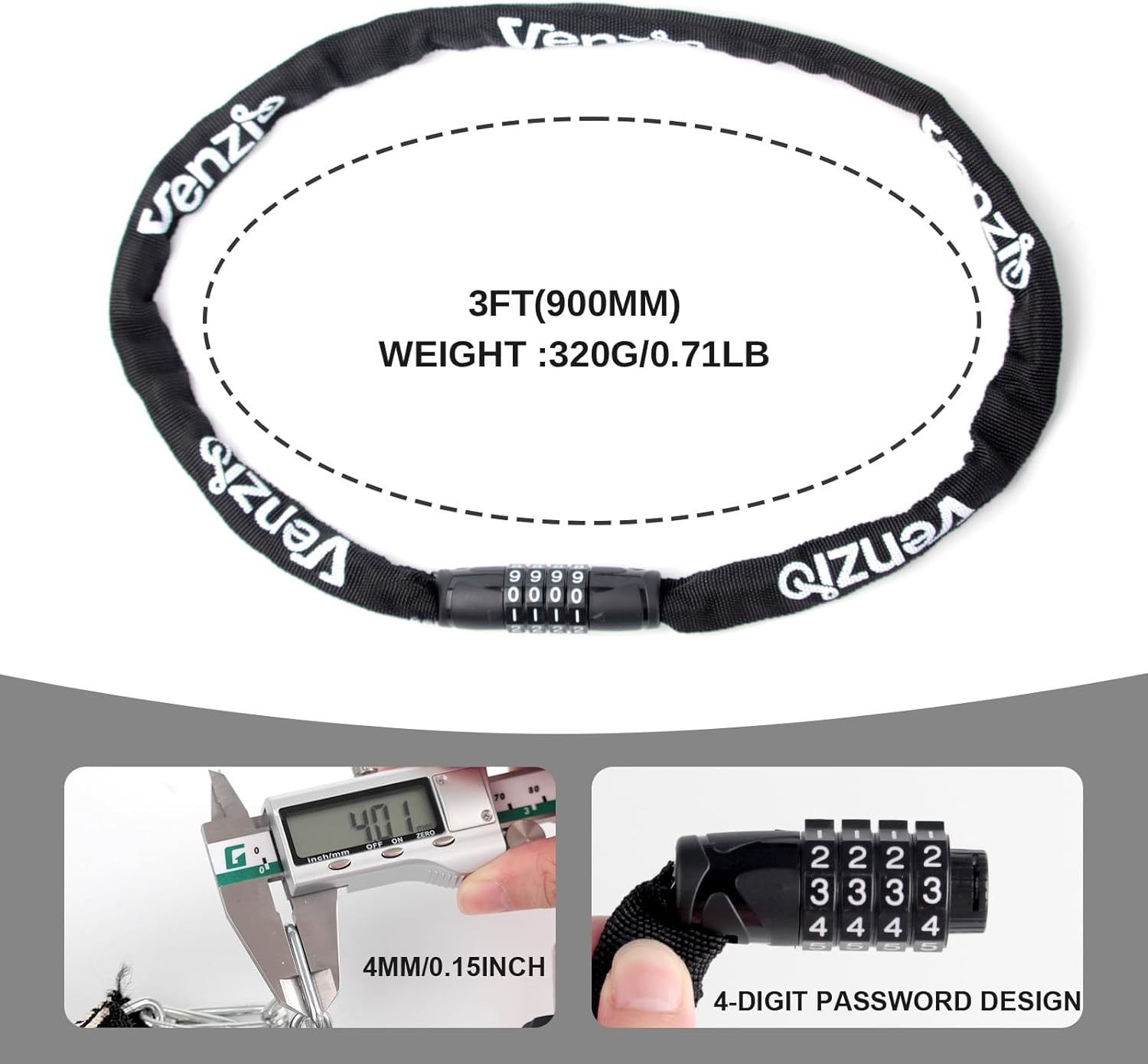 Venzio 4-Digit Combination Bike Chain Lock - Keyless Anti-Theft Security Lock | 4mm x 900mm (3FT)