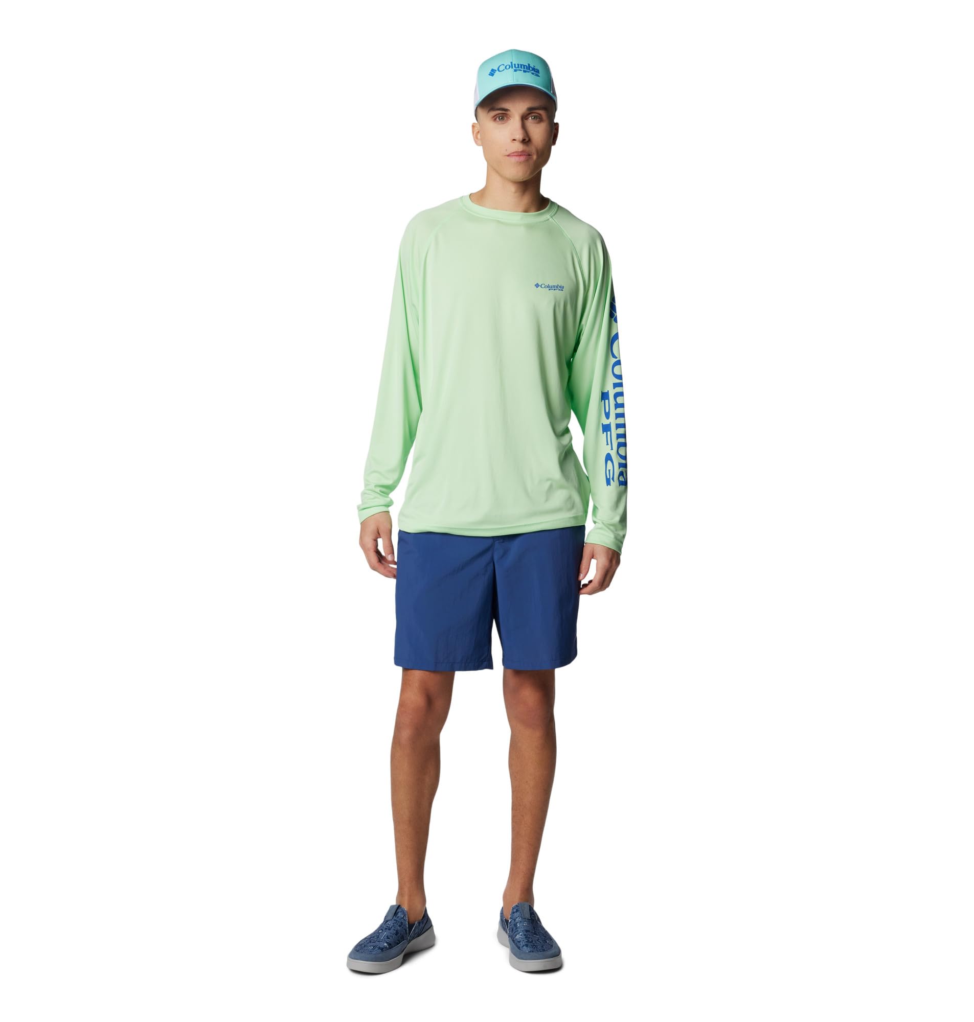 Columbia Men's PFG Terminal Tackle Long Sleeve Fishing Shirt, Key West/Vivid Blue Logo, Small