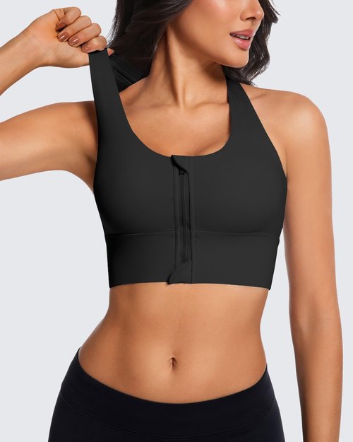 Eskmiry Zip Front Sports Bra for Women, High Support Criss-Cross Back Strappy Padded Workout Tops Supportive Gym Bras Black