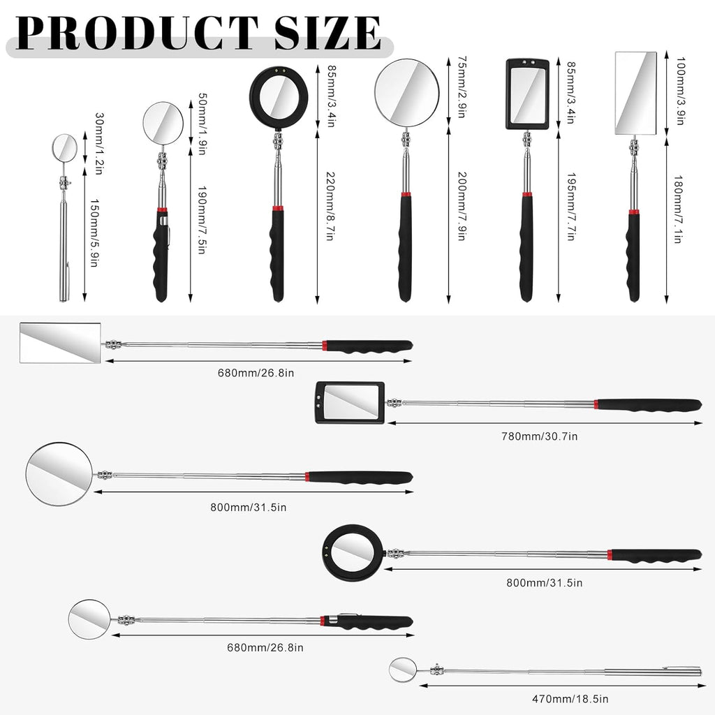 Skiennix LED Telescoping Inspection Mirror - Retractable Car Visual Reflector Tool | 6 Pcs Set