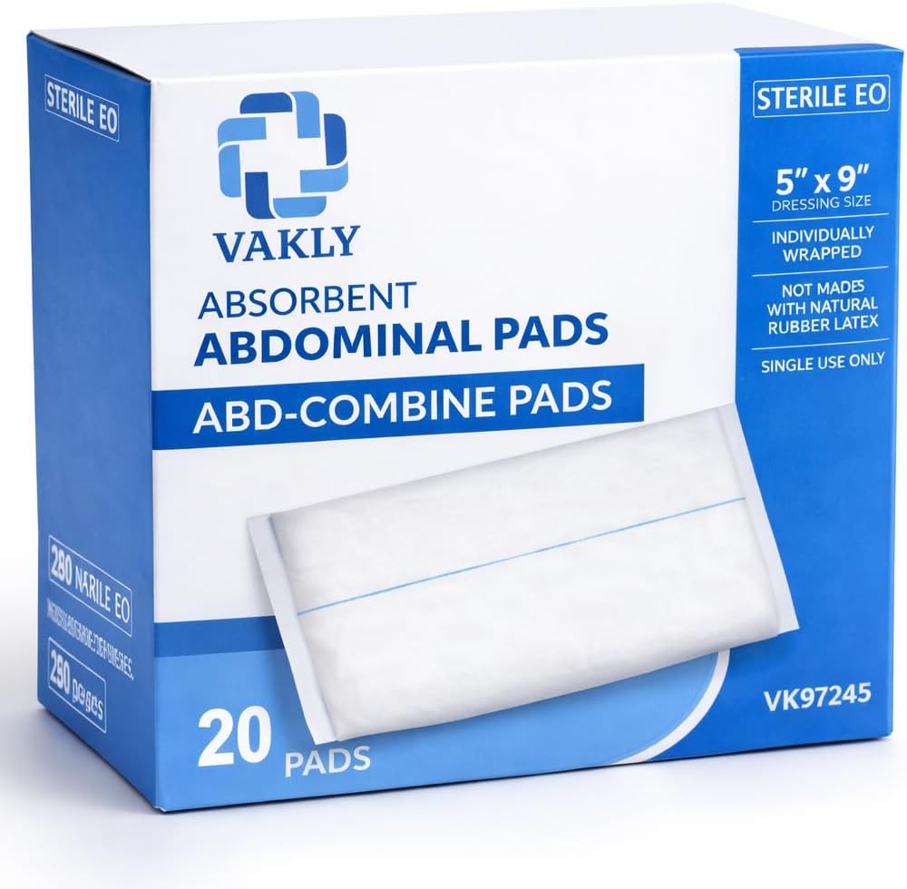 Vakly ABD Pads - Sterile 5x9 Abdominal Gauze Pads | High Absorbency Non-Adherent Wound Dressing (20 Pack)