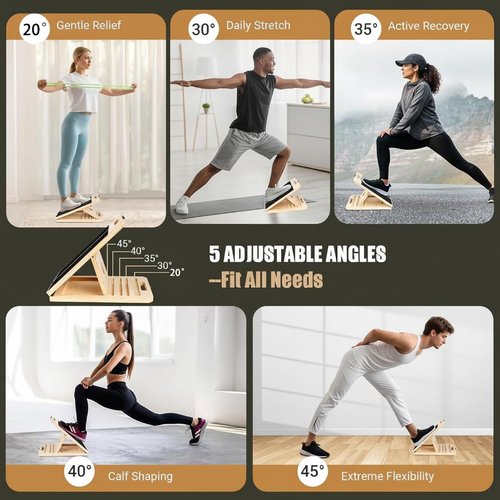 Adjustable 16.5"×12" Wooden Slant Board – 5-Angle Foldable Calf Stretcher & Squat Wedge for Home-Gym, Portable Incline Board, 350 lb Rated