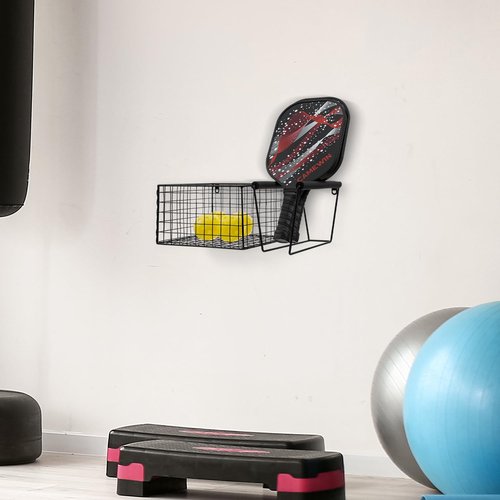 MyGift Pickleball Paddle Holder for Wall Holds 5 Paddles and Balls Pickleball, 16 Inch Metal Hanging Equipment Organizer with Racket Holder and Basket for Balls