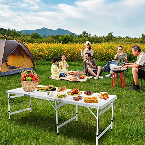 Moosinily 6FT Folding Camping Table White - Adjustable Height Outdoor Picnic & BBQ