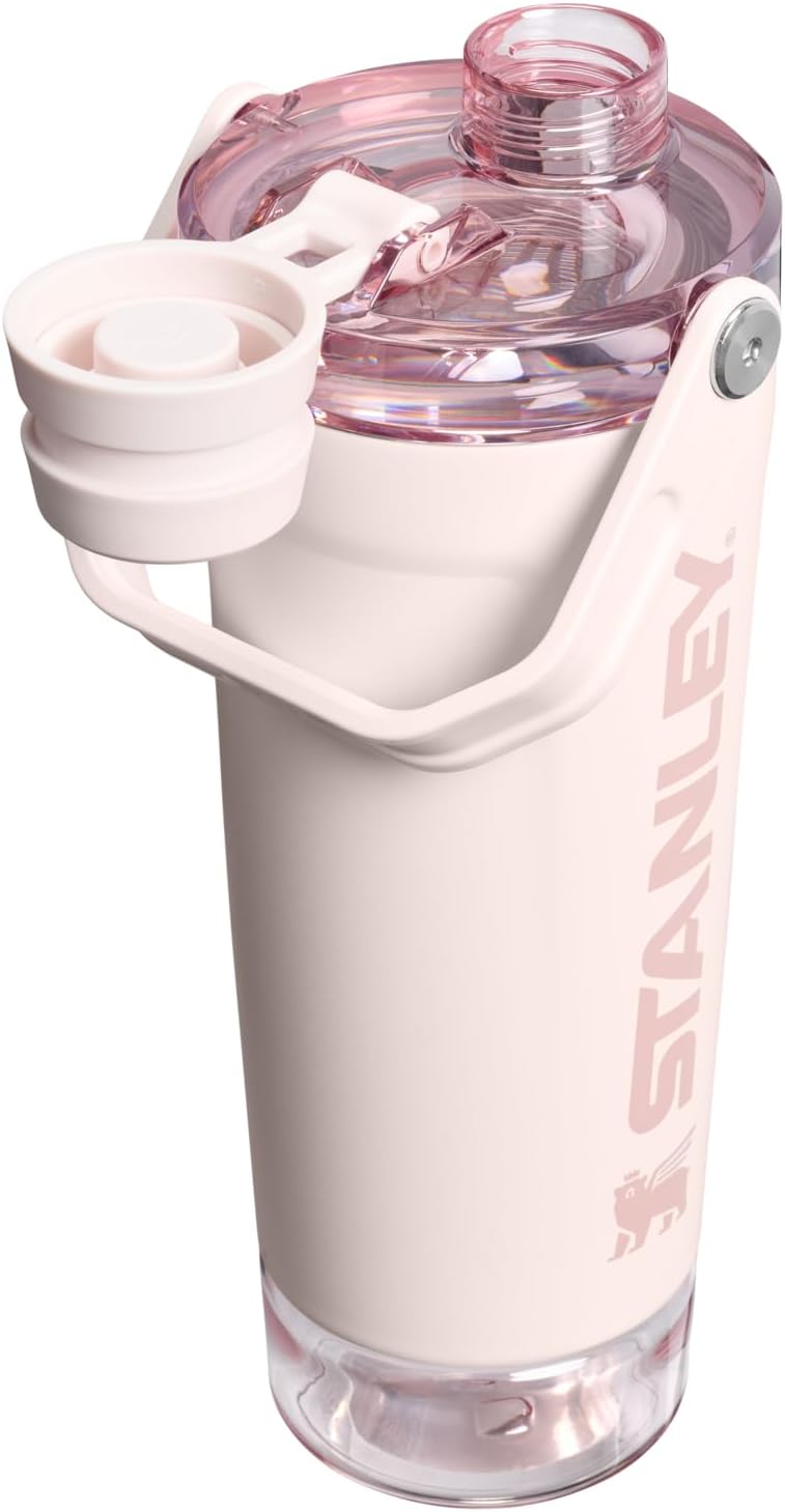 STANLEY Vitalize Shaker Bottle 20 oz - Leakproof Insulated Stainless Steel | Fast Flow Lid & Base Storage | BPA-Free Rose Quartz
