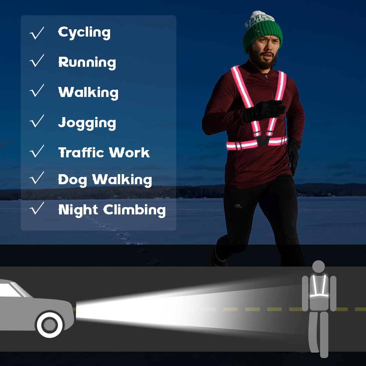 Tenalleys 2 Pack Reflective Vest Running Gear Adjustable High Visibility Reflective Running Safety Vest for Women Men Night Cycling,Hiking, Jogging,Dog Walking (Pink)