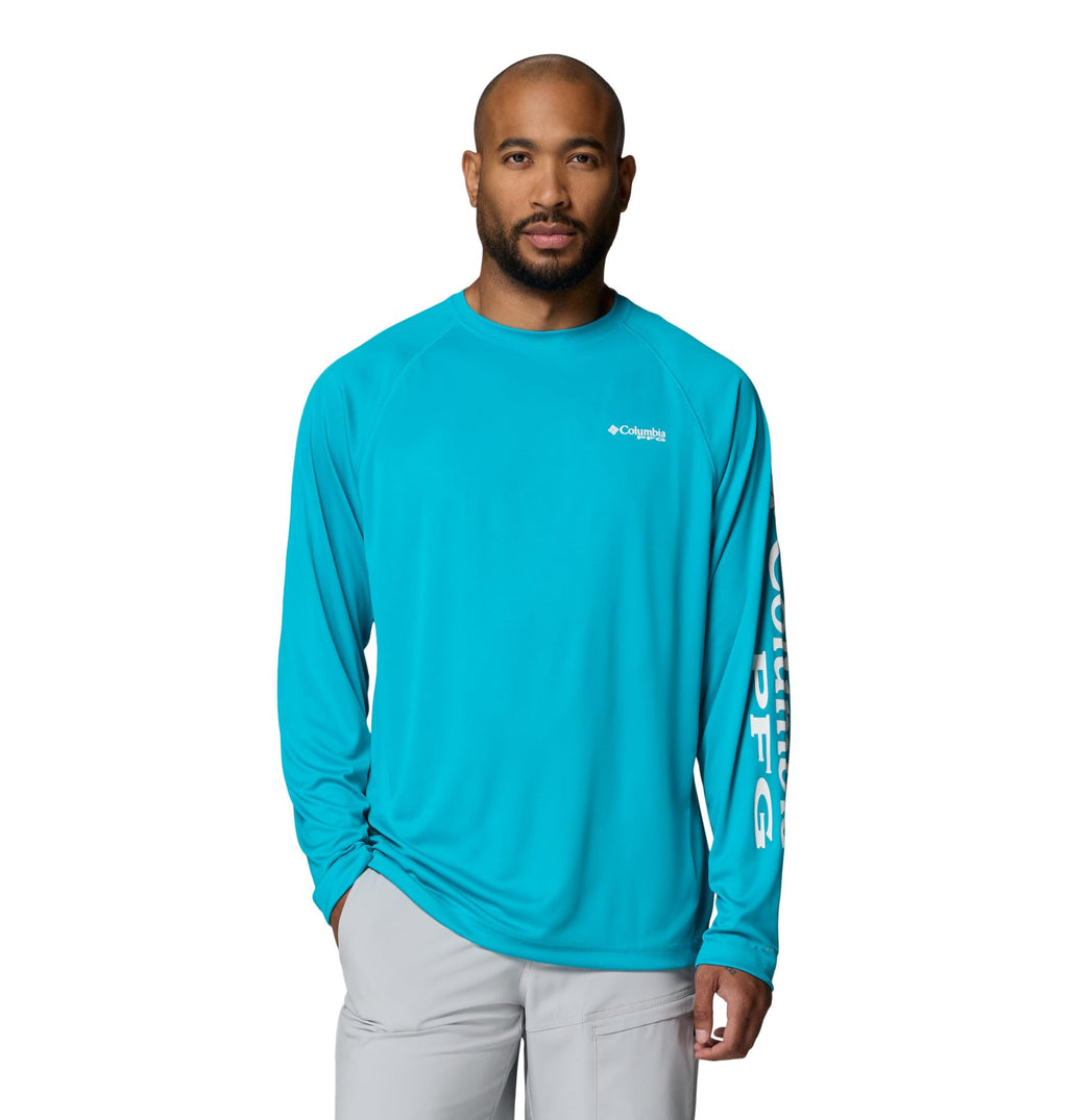 Columbia Men's PFG Terminal Tackle Long Sleeve Fishing Shirt, Ocean Teal/White Logo, 6X