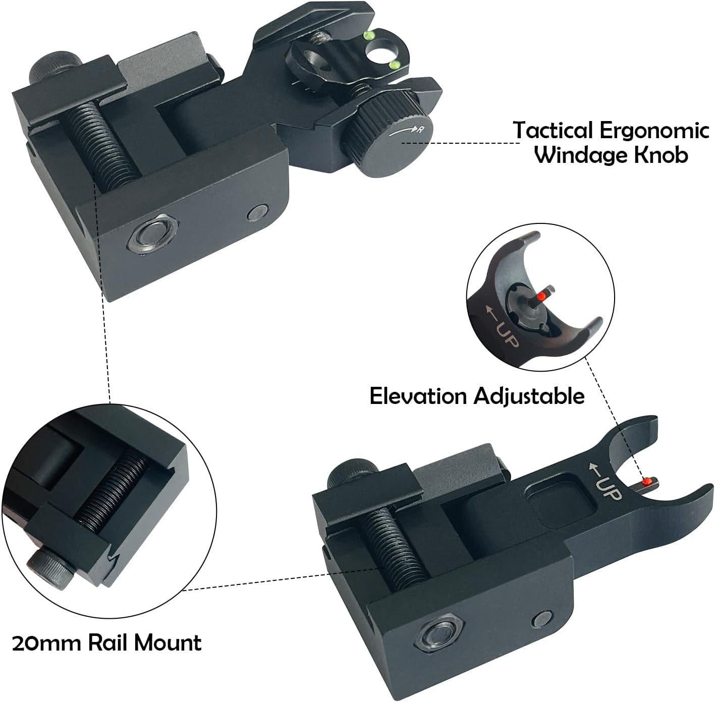 Skiennix Flip Up Front & Rear Iron Sights - Fiber Optic Backup Sights with Green & Red Dots