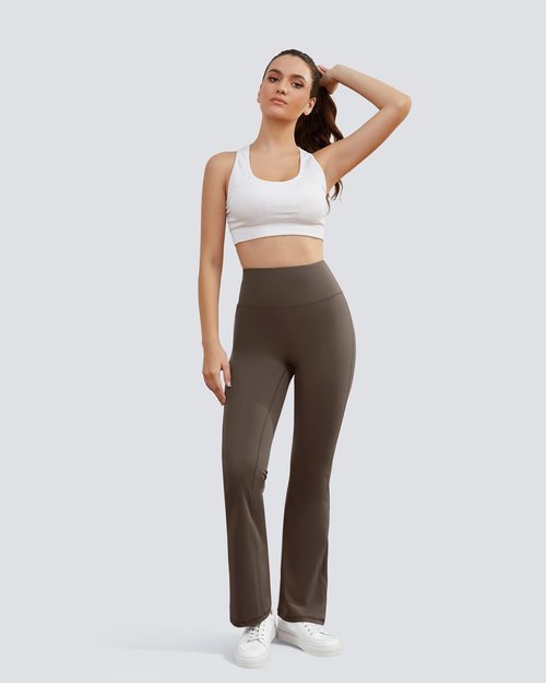 AB-Eleven Yoga Pants for Women High Waisted Flare Leggings Bell Bottom Leggings Front Seamless Flared Workout Pants Tummy Control Brown
