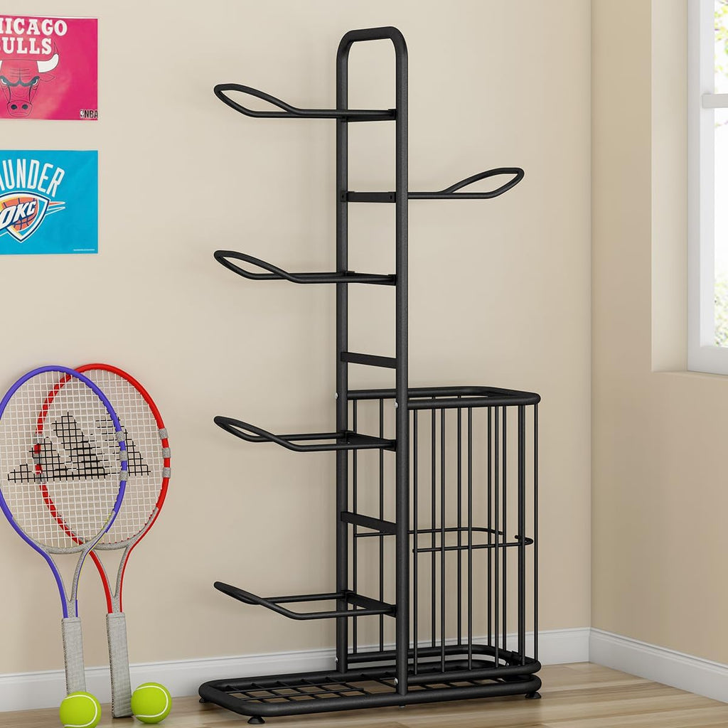 Skiennix Multi-Function Sports Equipment Storage Rack - Adjustable & Durable 5-Tier Black Organizer with Basket