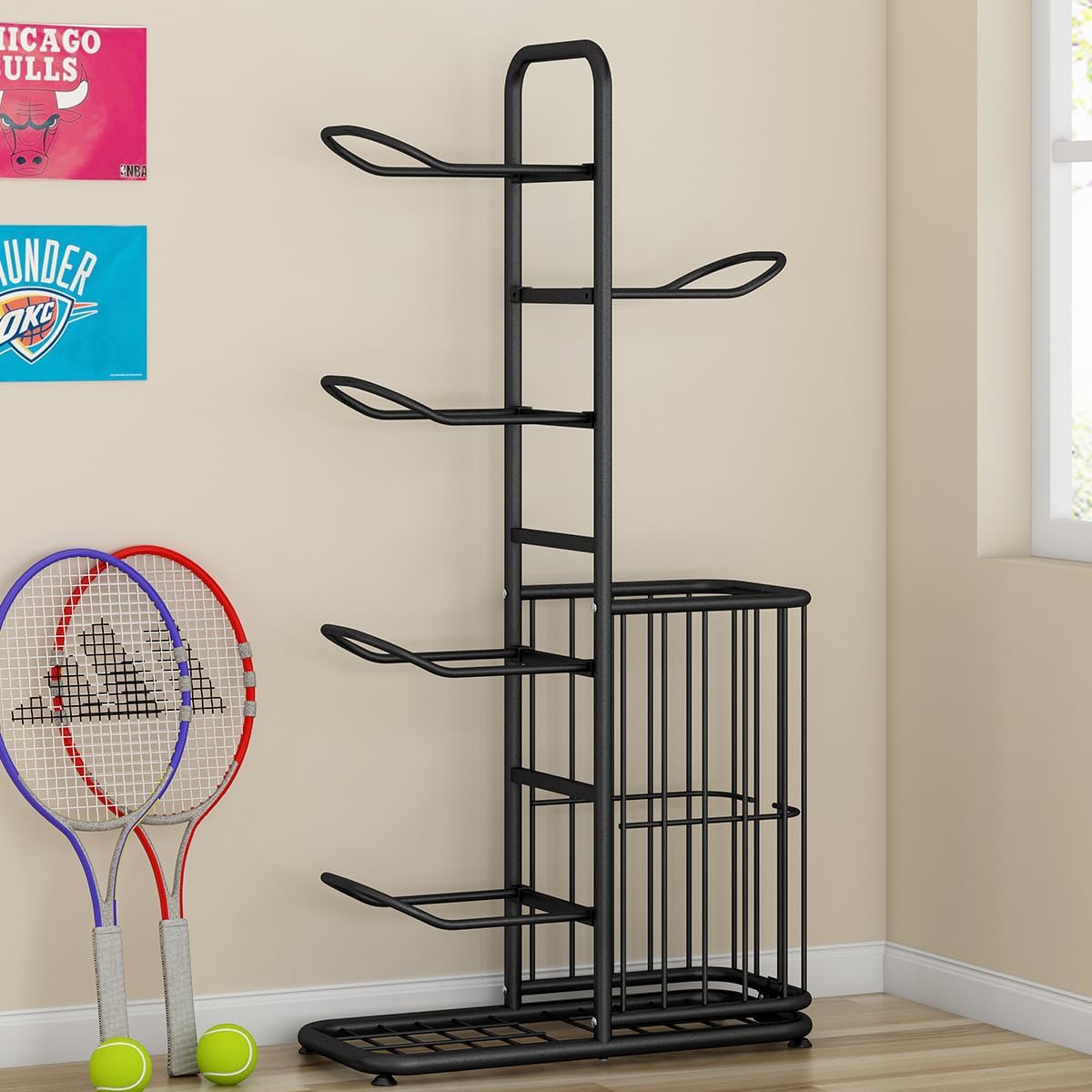 Skiennix Multi-Function Sports Equipment Storage Rack - Adjustable & Durable 5-Tier Black Organizer with Basket