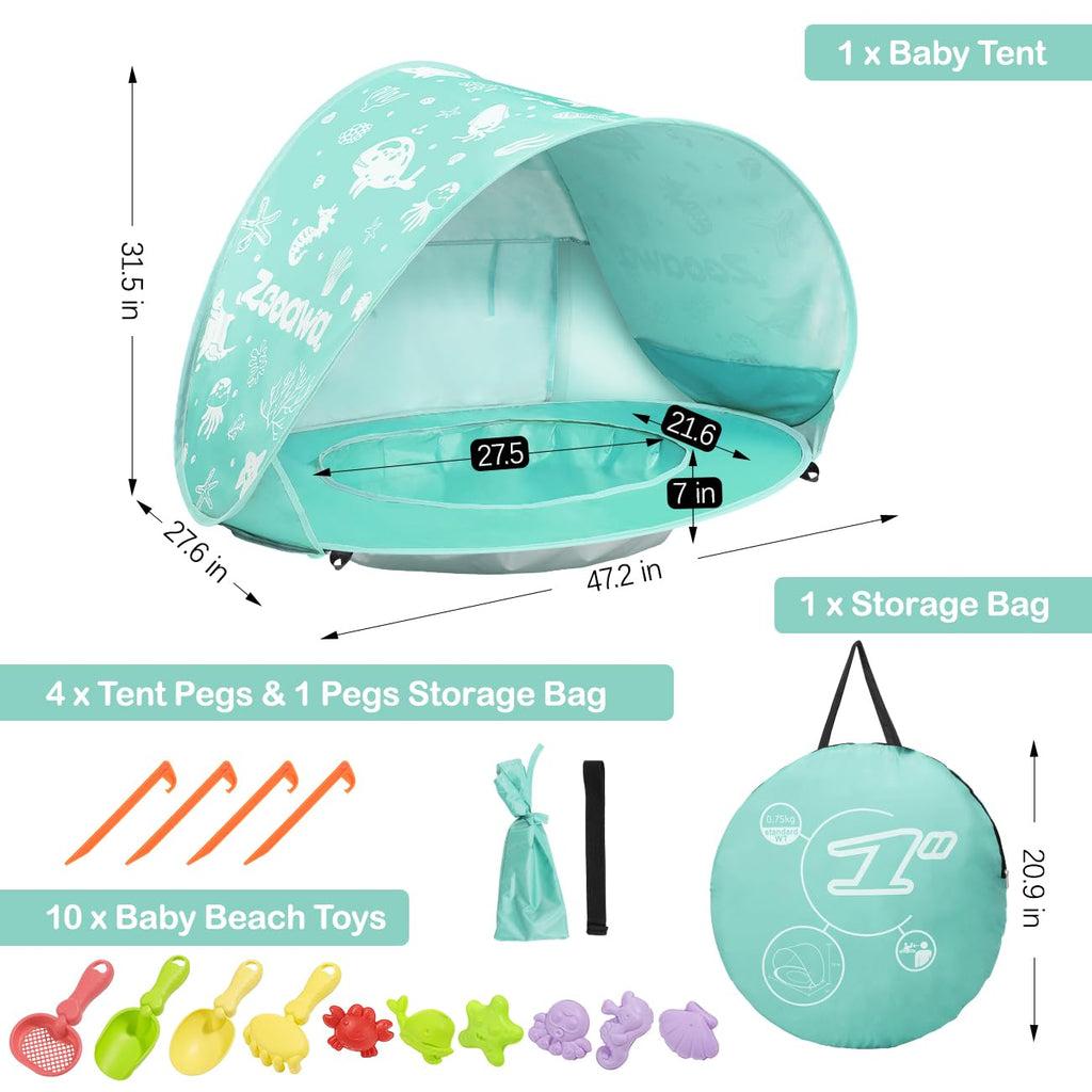 Zooawa Baby Beach Tent, Pop Up Beach Tent Sun Shade for Beach, Portable Shade Pool UV Protection Sun Shelter for Infant with Beach Sand Toys Set, Yellow