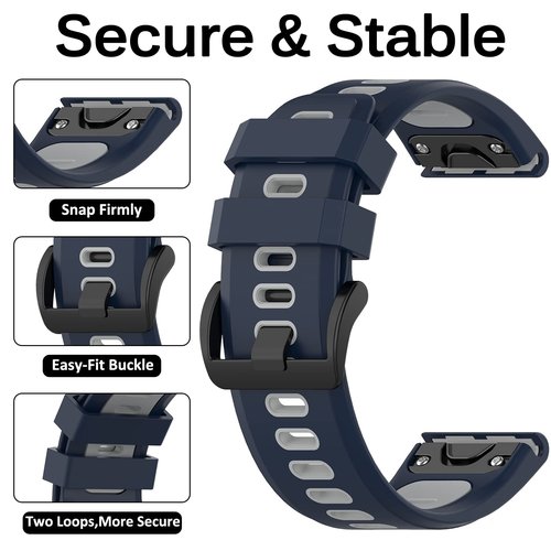 Miimall Compatible for Fenix 7/6/5 Bands, 22mm Width Soft Silicone Sport Waterproof Replacement Strap Band for Fenix 7/7 Solar/7 Sapphire Solar/6/5/Instinct(Midnight Blue+Grey)