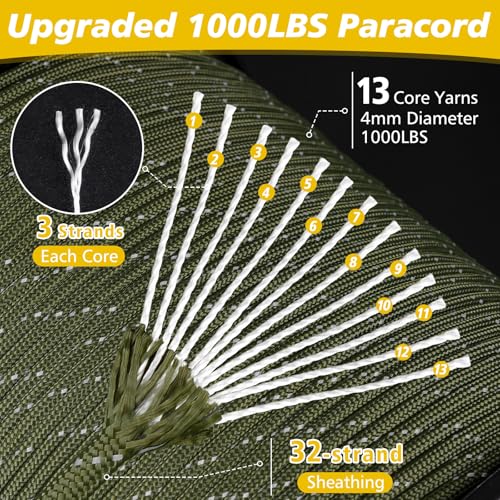 Reflective Paracord Rope 1000lb, 50ft – Tactical Camping & Survival Cord, Army Green