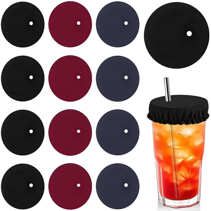 Reusable Scrunchie Drink Covers 12Pcs with Straw Hole – Dark Colors (Black, Navy, Dark Red) for Cups & Glasses