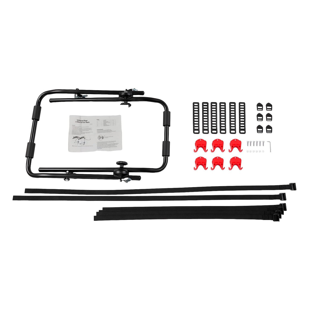 DOONARCES Car Bicycle Rack 3-Bike, Vehicle Trunk Mount Bike Rack F Frame Foldable Bicycle Carrier Holder for Most Cars SUV Sedan Hatchback Minivan, 88lbs Load, Black+Red