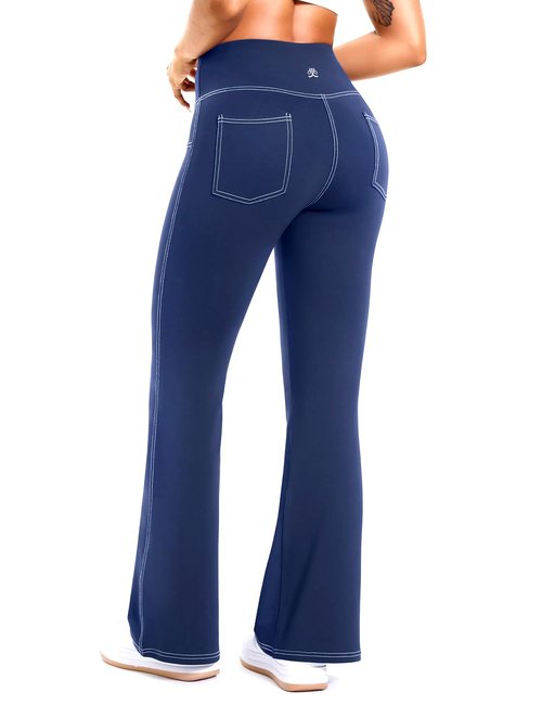 DemonQueen Women's Flare Yoga Pants，High Waisted Tummy Control Fitness Yoga Pants，Bootcut Pants for Women (US, Alpha, X-Large, Regular, Regular, Navy-Blue-White Line)
