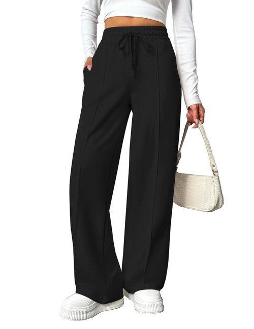 PINSPARK Women's Wide Leg Sweatpants Soft High Waisted Athletic Pants Straight Leg Workout Running Sweat Pant with 2 Pockets Black TL