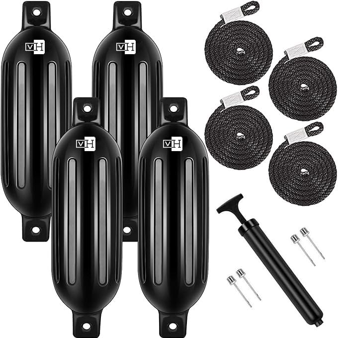 VIVOHOME 6.5x24 Inch Vinyl Ribbed Boat Fenders - Black, 4 Pack with Ropes & Pump