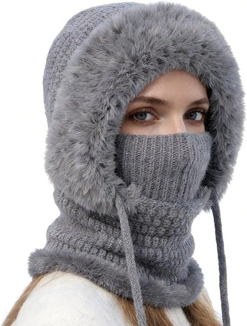 3 in 1 Winter Beanie Hat for Women, Knitted Hat with Scarf and Face Mask, Warm Ski Beanie Set for Cold Weather Outdoor (Grey)