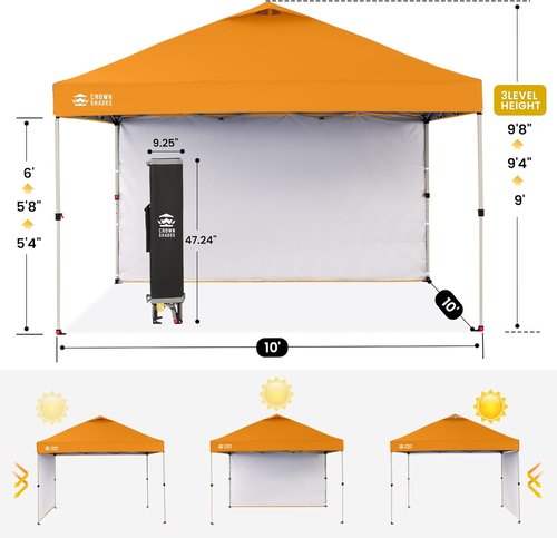CROWN SHADES 10x10 Pop Up Canopy - Easy One-Push Setup Beach Tent with Side Wall | Outdoor Sun Shade (Orange)