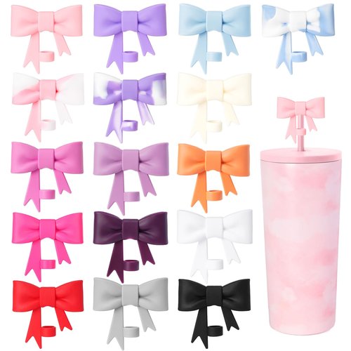 16 Pcs 8mm Cute Bow Straw Covers Cap Toppers Lids Compatible with Stanley Tumbler Cups,Reusable Cute Silicone StrawTips Protectors for Reusable DrinkingStraw,StrawAccessories
