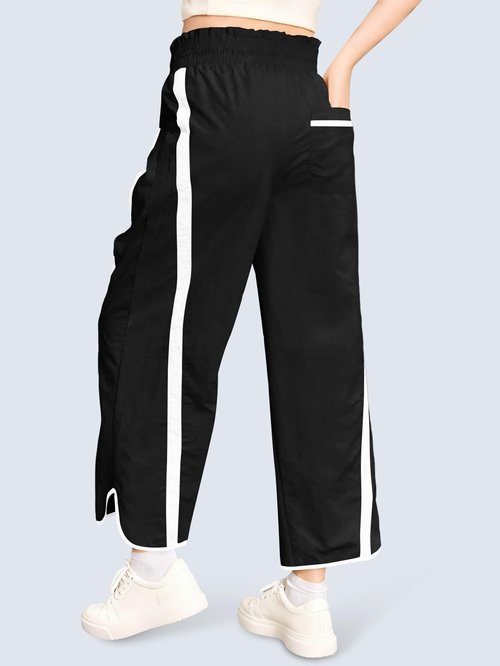 Haloumoning Girls Baggy Wide Leg Pants Kids Striped Elastic Waist Parachute Track Pants with Pockets 5-14 Years Black