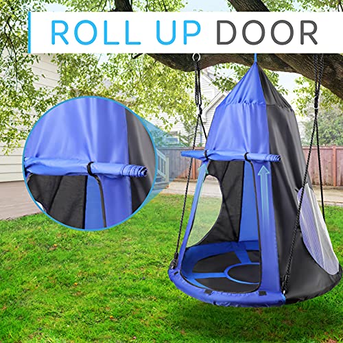 SereneLife Kids Tree Swing with Tent Cover - 40-Inch Saucer Seat, Blue, Indoor & Outdoor Play