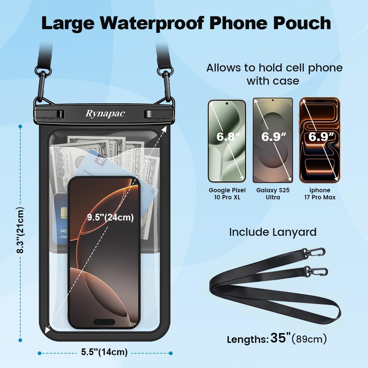 Rynapac Waterproof Phone Pouch - 2 Pack IPX8 Case for iPhone 17/16/15 Pro Max & Galaxy S26 Ultra | Touchscreen & Underwater Photography Essentials