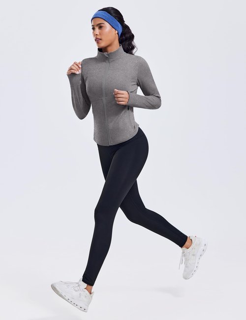 PINSPARK Zip Up Running Jackets for Womens Light Weight Slim Cropped Yoga Track Jackets with Thumb Holes Soft Athletic Golf Jackets Heather Grey Large
