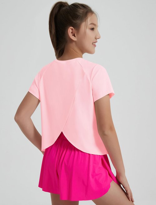 EXARUS Girls Athletic Shirts Workout Split Back Teen T Shirt Quick Dry Activewear Short Sleeve Regular Fit Tees Casual Summer Kids Set 12Y