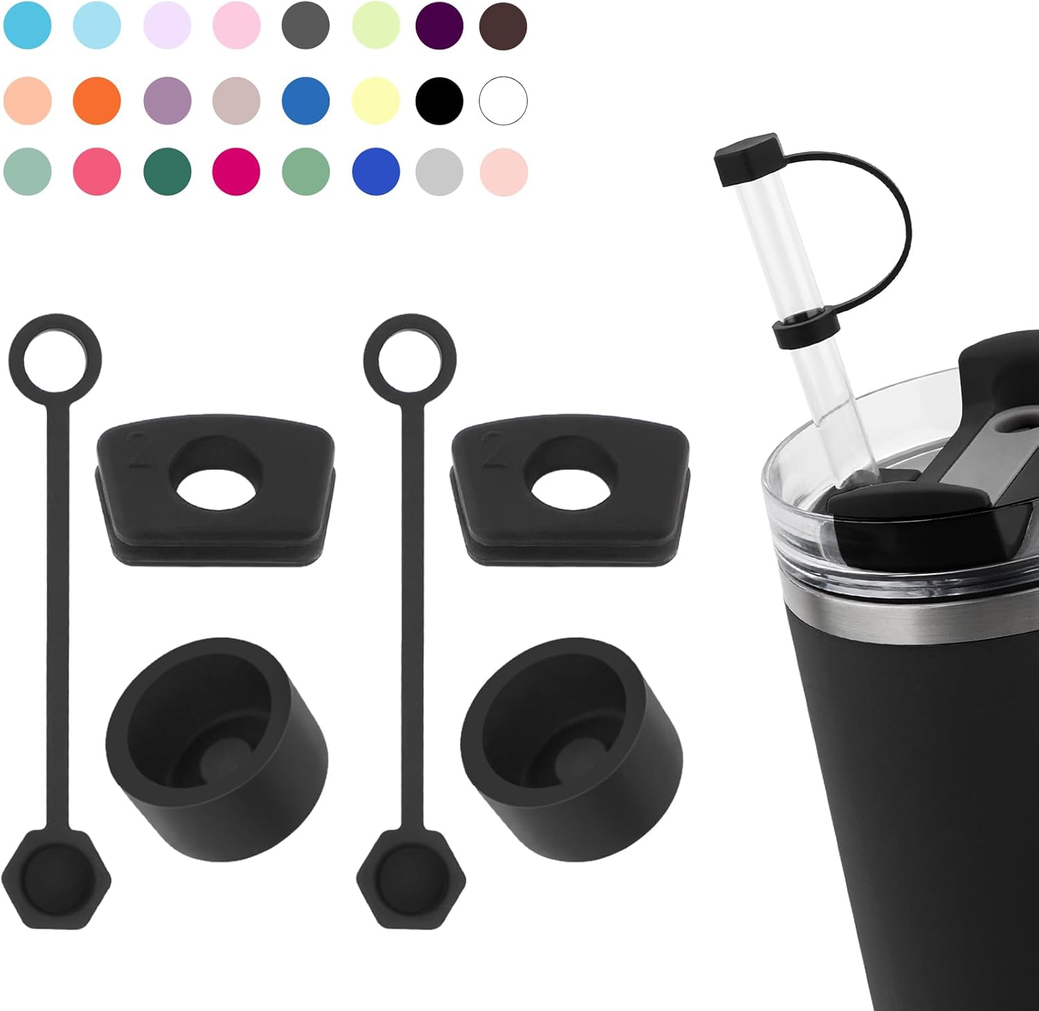 Stanley Silicone Spill Stopper Set - Compatible with 30oz & 40oz Cups | Includes Straw Cover (Set of 2, Black)