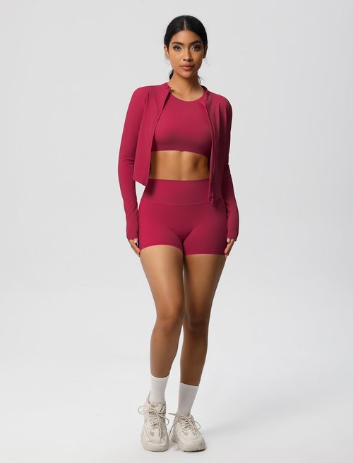 AGYMNX 3 Piece Workout Sets for Women High Waisted Seamless Shorts Crop Top Jacket Gym Yoga Outfit Stretchy Sports Bra Set