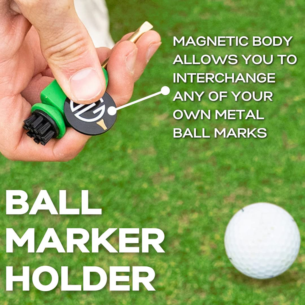 Skinny Golf Pocket Caddie | The Ultimate 4-in-1 Golf Tool | with Scrub Brush, Brass Tip Groove Cleaner, Divot Repair & Ball Marker | Fits Easily in Your Pocket | Holds Any Ball Marker (Red)