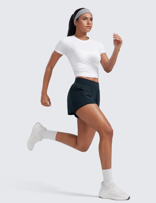 CRZ YOGA 2 in 1 Double Layer Running Shorts for Women 3" - High Waisted for Athletic Tennis Workout with Zip Pockets True Navy Small