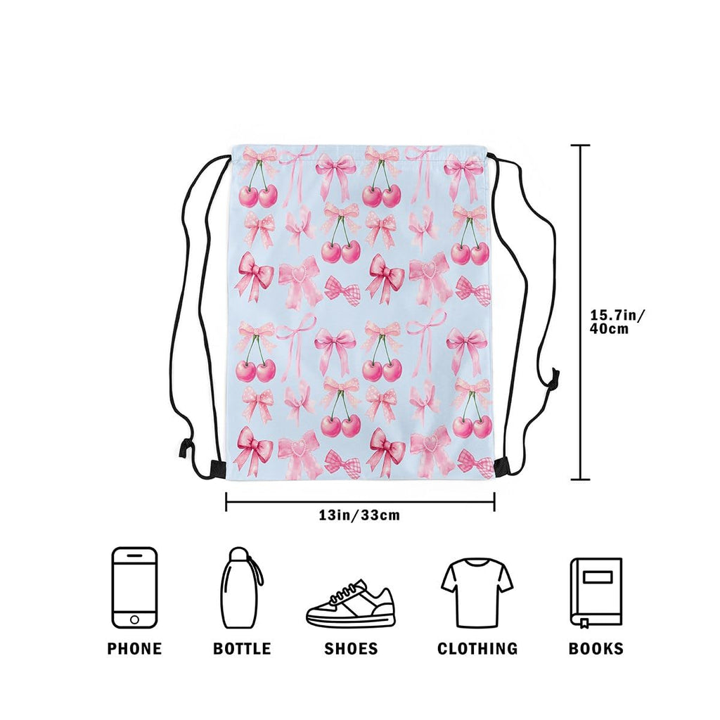jejeloiu Blue Bow Drawstring Backpack 13x15.7inch,Cute Bowknot Waterproof Gym Drawstring Bags Kawaii cherry Fruit Sports