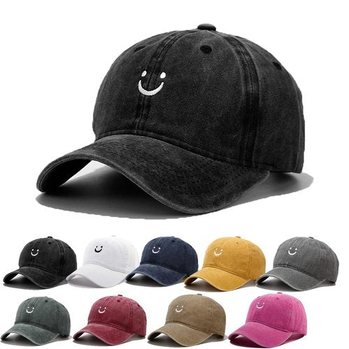 Tefelory Cute Smile Face Baseball Cap for Women Men Adjustable Vintage Washed Cotton Low Profile Dad Hat Black