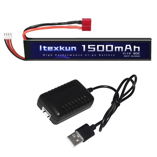 Itexkun 11.1V 1500mAh 30C Airsoft Battery Deans T Plug Lipo Battery High Discharge Rate Rechargeable 3S Lipo Battery with 11.1v Battery Charger for Airsoft Model Guns