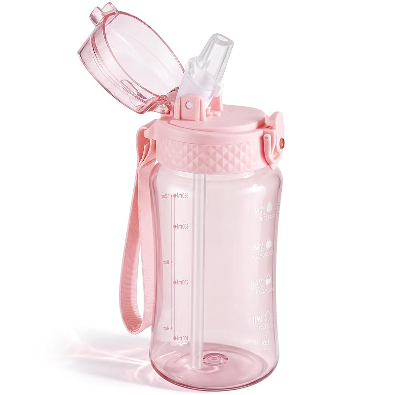 OLDLEY Kids Water Bottle with Straw 12oz Cherry Blossom - Tritan BPA-Free, Time Marker